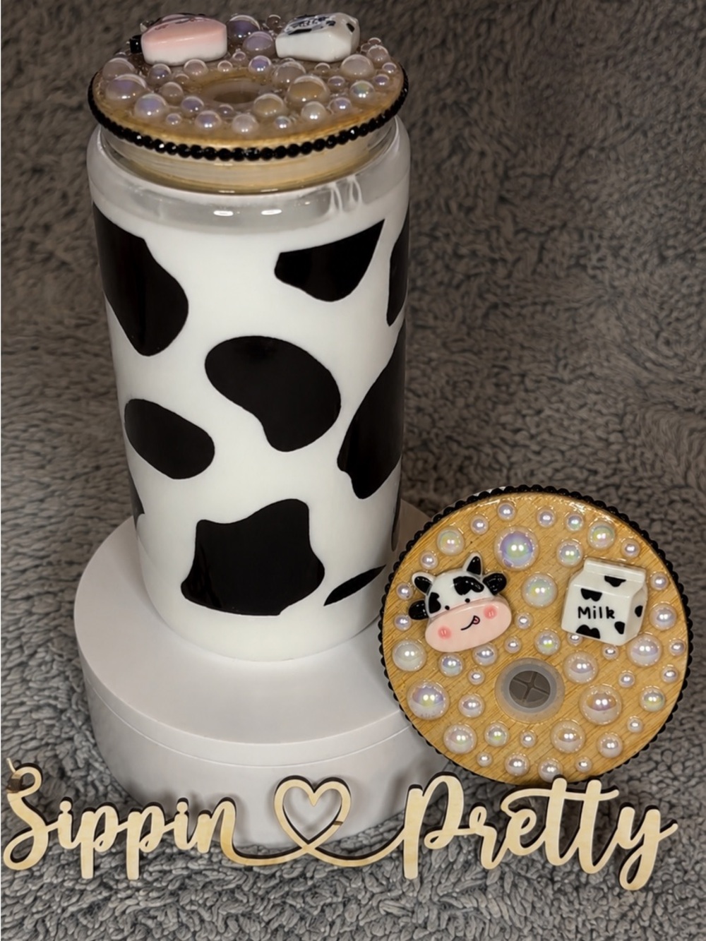 Cow Print White & Black Tumbler with Decorative Lid